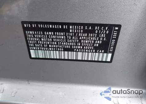 2020 Volkswagen Jetta 1.4T Sel z USA, uszkodzony, nr VIN 3VWEB7BU8LM021900